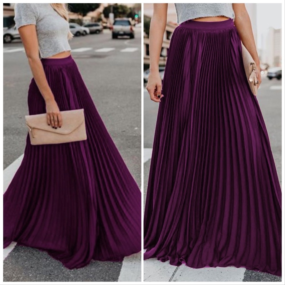 Purple High Waisted Pleated Maxi Fall Winter Skirt - Large